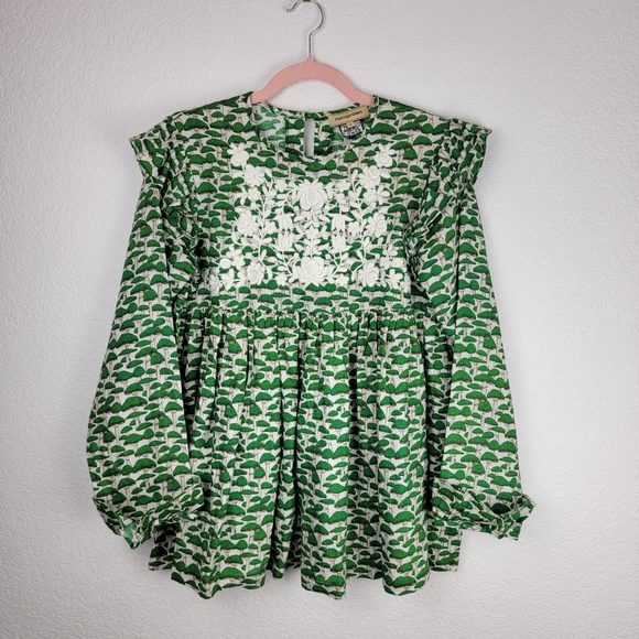 Muzungu Sisters Nora Ruffled Mushroom Print Linen Blouse Green Medium - Picture 6 of 12
